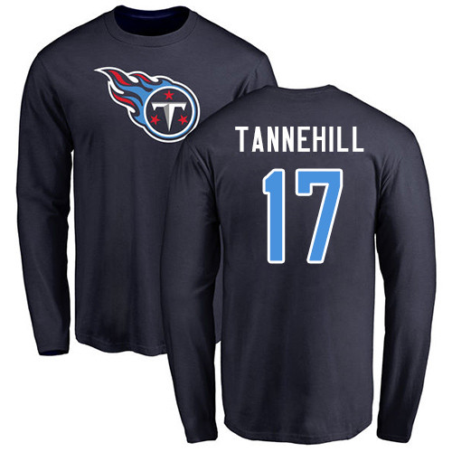 Tennessee Titans Men Navy Blue Ryan Tannehill Name and Number Logo NFL Football #17 Long Sleeve T Shirt->nfl t-shirts->Sports Accessory
